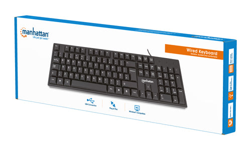 Manhattan Keyboard USB Wired, Black, Full Size Keys, Cable 1.5m, USB-A connection, Plug and Play, Three Year Warranty, Retail Boxed Manhattan Keyboard USB Wired, Black, Full Size Keys, Cable 1.5m, USB-A connection, Plug and Play, Three Year Warranty, Retail Boxed